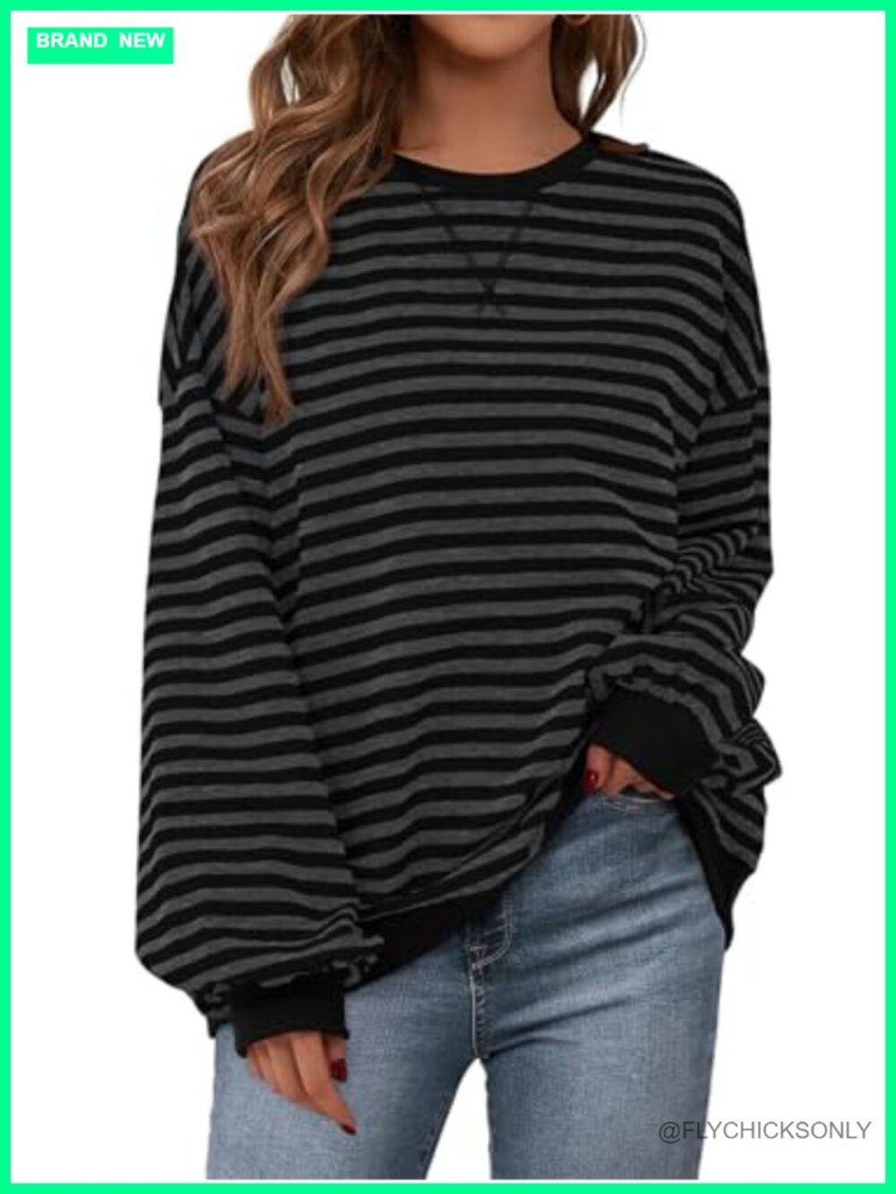 Womens Striped Oversized Sweatshirt Cotton Blend Crewneck Loose Fit Pullover Top